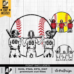 May include: Black and white silhouette design of four softball players with bats and a baseball. The design includes the text "Your Text" and the numbers "00".