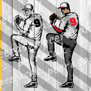 Op de afbeelding: Twee honkballers in verschillende poses, beide dragen een wit shirt met nummer 9 op de voorkant. De ene speler draagt een zwarte pet en een zwarte broek, terwijl de andere een rode pet en een grijze broek draagt. Beide spelers houden een honkbalhandschoen vast.