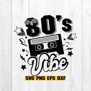 May include: Black and white graphic design with the text "80's Vibe" and a cassette tape. The design also includes stars, lightning bolts, and musical notes.