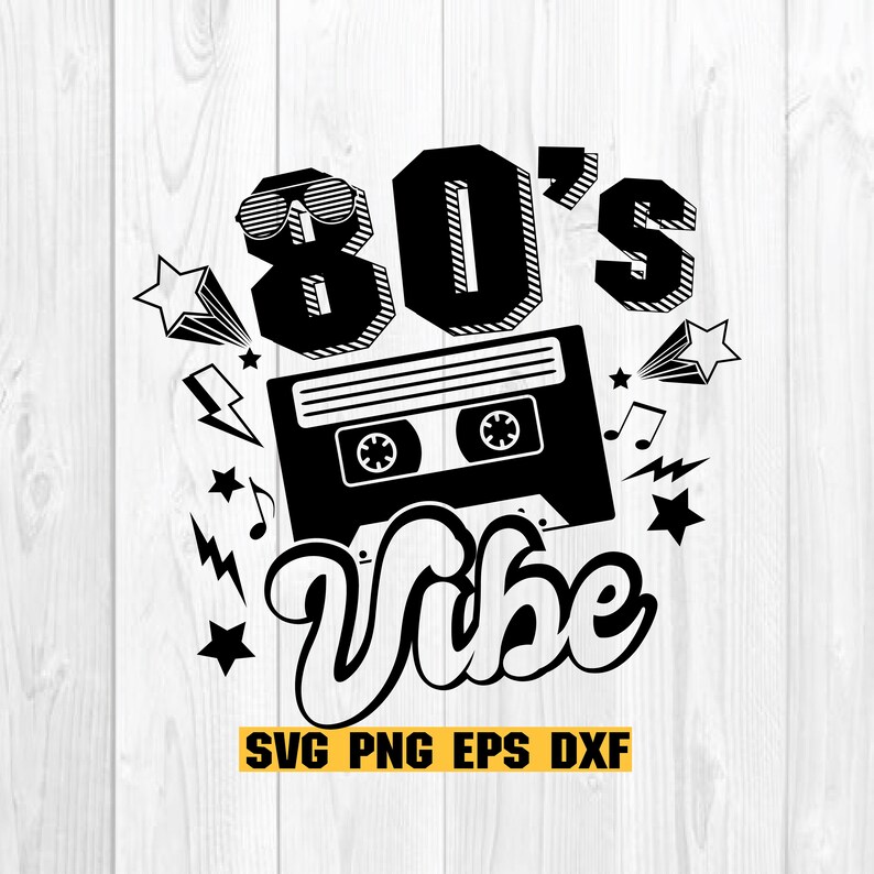 May include: Black and white graphic design with the text "80's Vibe" and a cassette tape. The design also includes stars, lightning bolts, and musical notes.
