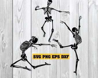 May include: Black and white illustration of three dancing skeletons in various poses. The skeletons are depicted with detailed rib cages, limbs, and skulls. The image includes the text "SVG PNG EPS DXF" in a yellow rectangle.