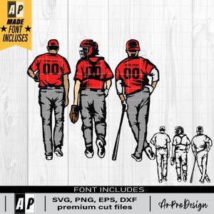 May include: Four baseball players in red jerseys with white numbers and gray pants. The players are walking in a line, with the player in the back holding a baseball bat. The players are all wearing baseball caps.