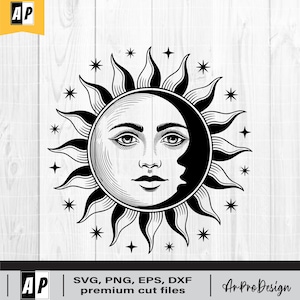 SUN and MOON SVG, Celestial Svg, Moon phases, Mystical Svg, Sun face, Mystical Sun Moon Stars Clipart,  files for cricut, Png Dxf Eps