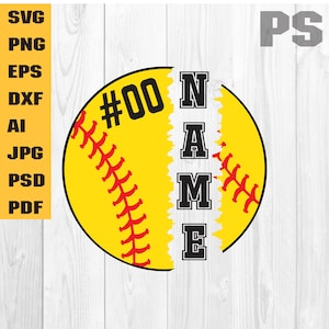 May include: A yellow softball with red stitching is split in half. The left side has the number "#00" on it. The right side has the word "NAME" written vertically in black.