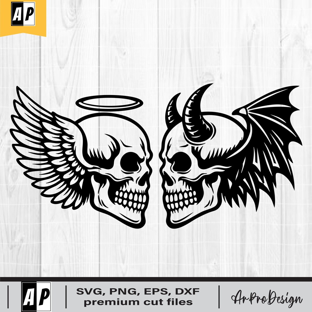 Angel Devil Skull Svg, Good and Evil Skull, Angel Wings Devil Horns ...