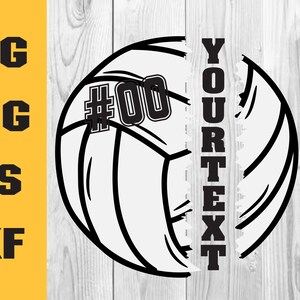 May include: Black and white illustration of a volleyball with the number 00 and the text "YOUR TEXT" on a woodgrain background.