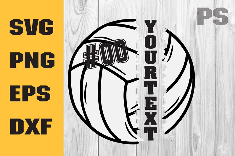 May include: Black and white illustration of a volleyball with the number 00 and the text "YOUR TEXT" on a woodgrain background.