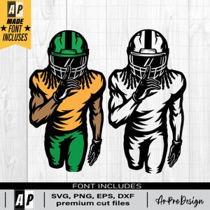 May include: Two football player illustrations. One is colored in shades of green, yellow, and brown, the other is black and white. Both figures wear helmets and hold a finger to their lips. The image includes the text "MADE FONT INCLUDES" and "FONT INCLUDES".
