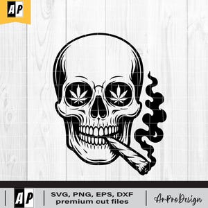 Pode incluir: Ilustração em preto e branco de uma caveira com folhas de cannabis nos olhos e um charro aceso na boca. A fumaça sobe do charro. A imagem inclui o texto "SVG, PNG, EPS, DXF premium cut files".