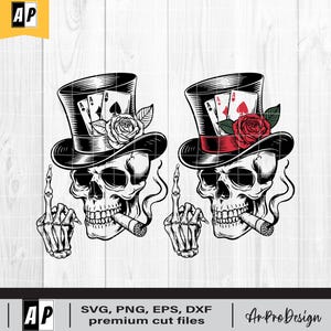 Calavera fumando cigarro SVG – Esqueleto gótico de póker con sombrero de copa y cartas – Clipart PNG DXF EPS para tatuajes y Cricut