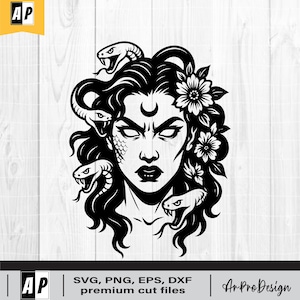 Medusa SVG, Medusa Mythological Creature, Woman snake head svg, Gorgona svg,  Tattoo Design, Flash Tattoo, Beautiful Woman, Mystical Goddess