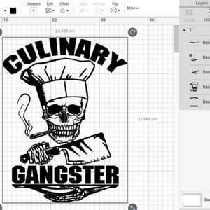 May include: Black and white graphic design of a skull wearing a chef's hat, holding a large knife and smoking a cigarette. The text "CULINARY GANGSTER" is above the skull.