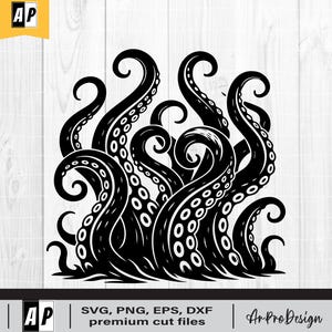May include: Black and white illustration of octopus tentacles. The tentacles are detailed with suckers and swirling curves. The image includes the text "SVG, PNG, EPS, DXF premium cut files" and the logo "Ar ProDesign".