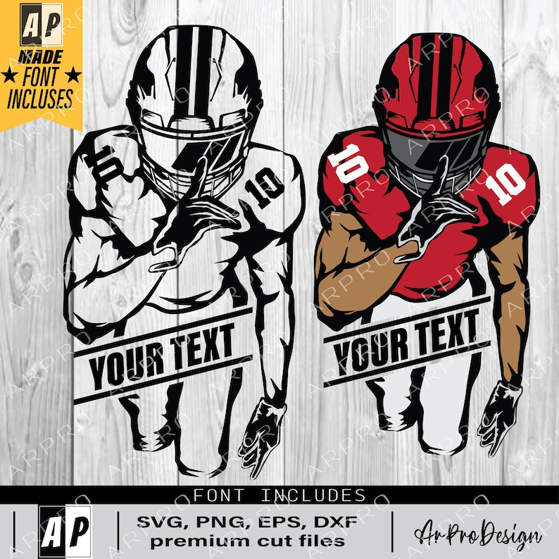May include: Two black and white and red and white football player silhouettes with helmets on, both are in a running pose with one hand raised to their mouth, the text "YOUR TEXT" is on a banner below each player.
