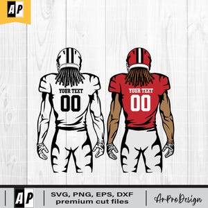 May include: A digital illustration of two football players viewed from behind, both wearing helmets with dreadlocks. One player is in black and white, the other in red and white. Both jerseys feature the text YOUR TEXT and the number 00.