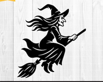 Witch Flying On Broom Svg, Halloween Witch Silhouette, Witch Clipart, Flying Witch Svg, Spooky Witch Svg, Halloween Svg, Witch Broom Svg