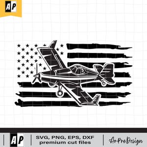 May include: Black and white silhouette of a small aeroplane flying over a distressed American flag. The flag is in the style of a grunge design with a distressed look.