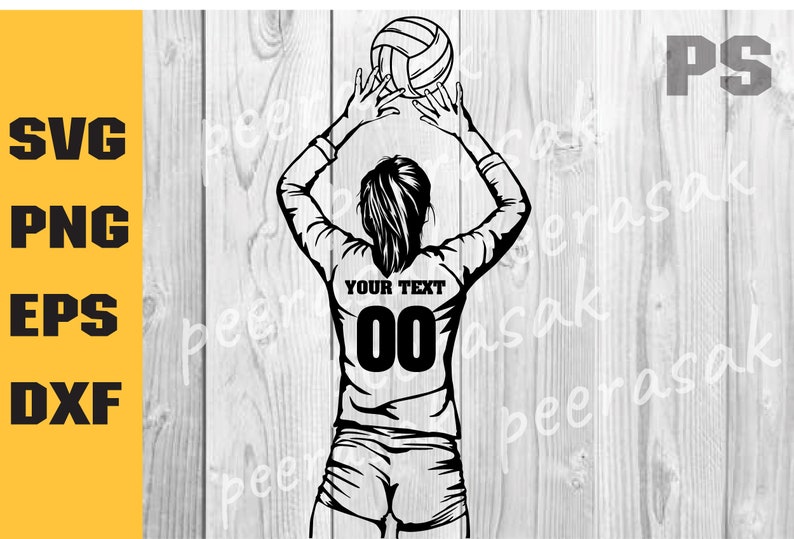 May include: Black and white silhouette of a volleyball player spiking a volleyball. The player is wearing a jersey with the text "YOUR TEXT" and the number "00".