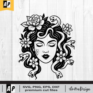 Medusa SVG, Medusa Mythological Creature, Woman snake head svg, Gorgona svg,  Tattoo Design, Flash Tattoo, Beautiful Woman, Mystical Goddess