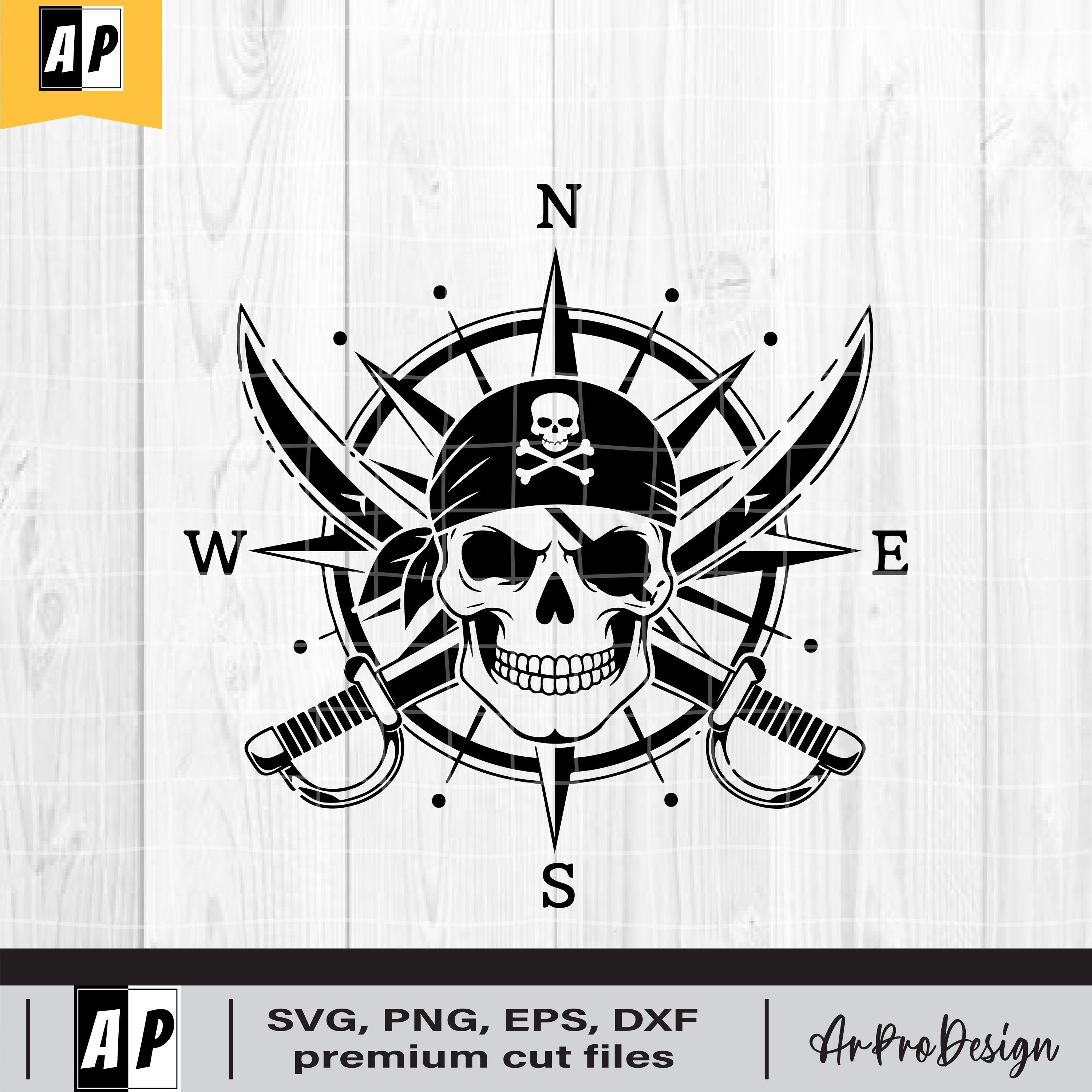 Pirate Skull Compass SVG – Nautical Jolly Roger Clipart With Swords for ...