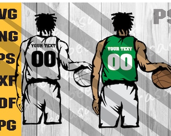 May include: Basketball player illustration in two versions: one in black and white, the other in green and white. Both figures are seen from the back, holding a basketball. The jerseys have space for custom text and the number "00".