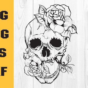 May include: A black and white line drawing of a skull with a rose in its mouth and another rose on top of its head.