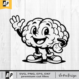 May include: Black and white cartoon illustration of a smiling brain character waving and pointing. The brain has arms, legs, and shoes. The image includes the text "SVG, PNG, EPS, DXF premium cut files" and the Ar Pro Design logo.