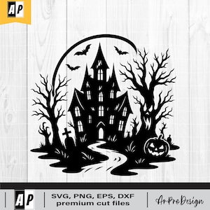 Halloween scene Svg, Haunted House Halloween SVG, Halloween Silhouettes, Scary graveyard Svg, Creepy Cut File PNG DXF Eps