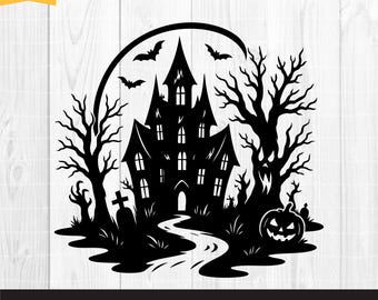 Halloween scene Svg, Haunted House Halloween SVG, Halloween Silhouettes, Scary graveyard Svg, Creepy Cut File PNG DXF Eps