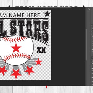 K&ouml;nnte beinhalten: Eine schwarz-wei&szlig;e Baseballgrafik mit dem Text "ALL STARS" und "TEAM NAME HERE". Die Grafik enth&auml;lt auch einen Baseball, einen roten Stern und die Zahlen "20" und "XX".