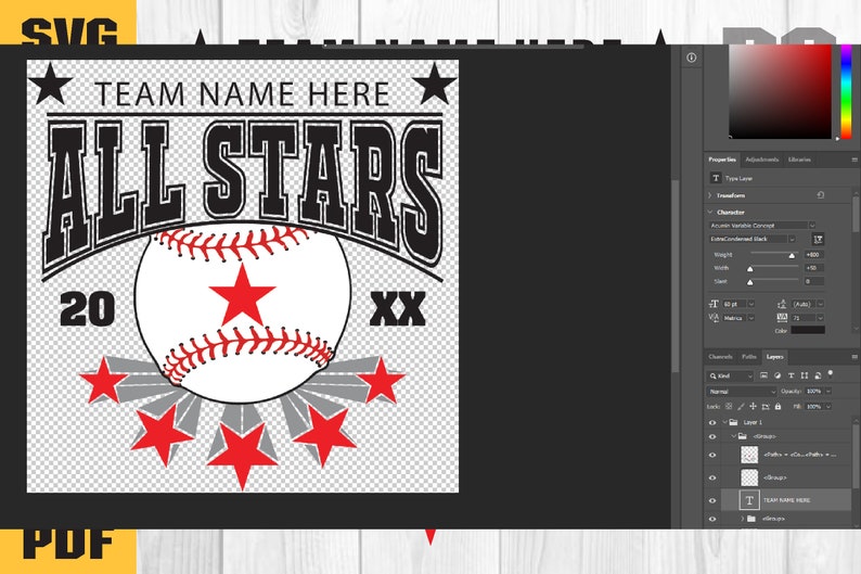 K&ouml;nnte beinhalten: Eine schwarz-wei&szlig;e Baseballgrafik mit dem Text "ALL STARS" und "TEAM NAME HERE". Die Grafik enth&auml;lt auch einen Baseball, einen roten Stern und die Zahlen "20" und "XX".
