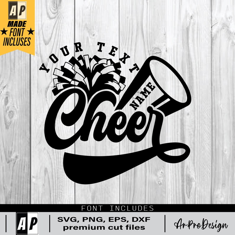 Peut inclure: Conception graphique en noir et blanc d'une pom-pom girl avec un m&eacute;gaphone et des pompons. Le texte "Your Text Name" est inclus dans la conception.