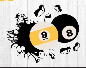 Könnte beinhalten: Grafikdesign mit einer Neun-Ball und einer Acht-Ball aus einem Billardspiel, mit einem Schwarzes Loch-Effekt. Der Neun-Ball hat einen gelben Streifen und die Zahl 9. Der Acht-Ball ist schwarz mit der Zahl 8. Das Design enthält den Text "SVG, PNG, EPS, DXF premium cut files".