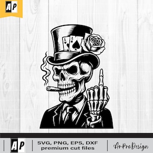 Tête de mort joueur Svg, Svg quinte flush royale, poker Svg, Svg de carte à jouer, cigare et majeur, humour noir coupe fichier PNG DXF EPS