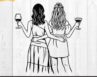 Best Friends Wine Svg, Girls Night Svg, Bestie Silhouette Svg, Friends Drinking Wine, Bachelorette Party Svg, Cricut Cut File, PNG DXF EPS