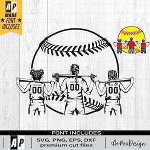 Può includere: Silhouette in bianco e nero di tre giocatrici di softball in piedi davanti a una palla da softball. Le giocatrici tengono le mazze e indossano maglie con il testo "YOUR TEXT" e il numero "00".