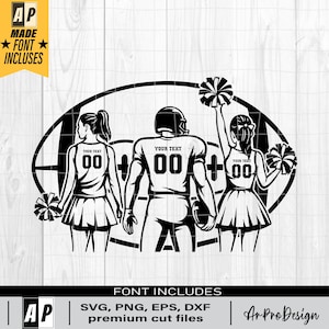 May include: Black and white vector graphic of a football player and two cheerleaders inside an oval. The text "YOUR TEXT" and the number "00" are visible on the uniforms. The image includes the text "MADE FONT INCLUDES" and "FONT INCLUDES".