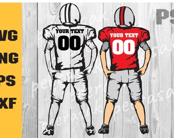 May include: Two football players standing back to back, wearing jerseys with the number "00" and the text "YOUR TEXT". One player is wearing a white jersey and the other is wearing a red jersey.