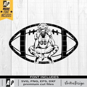 May include: Black and white silhouette of a football player in a crouching position, wearing a helmet and jersey with the text "YOUR TEXT 00" on the front, inside a football outline.