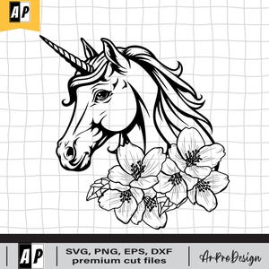 Unicorn SVG, Cute Unicorn Vector, Unicorn Floral Svg, Unicorn Flowers Svg, Unicorn CutFile, Unicorn Clipart, Unicorn with Flower Svg