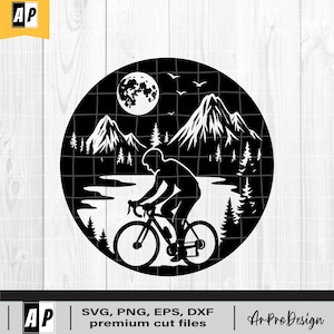 Mountain Bike SVG, Mtb Svg, Mountain Bike Scene Svg, Night Cyclist Mountain Landscape Clipart, Mountain Bike Svg Cut Files For Cricut