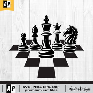 Chess SVG, King Queen Knight Chess Pieces with Checkered Board, Classic Game Design for Cricut, PNG DXF Eps