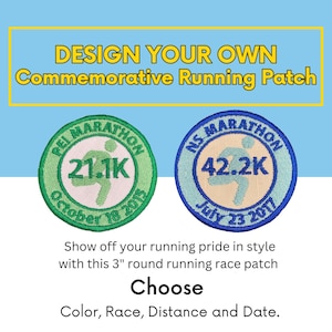 Spersonalizowana pamiątkowa naszywka z wyścigu biegowego. Dostosowany kolor, wyścig, dystans, data.