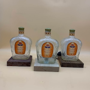 Crown Royal Peach Lamp - Upcycled Bottle - Recycled Red Oak Base - Canadian Whiskey