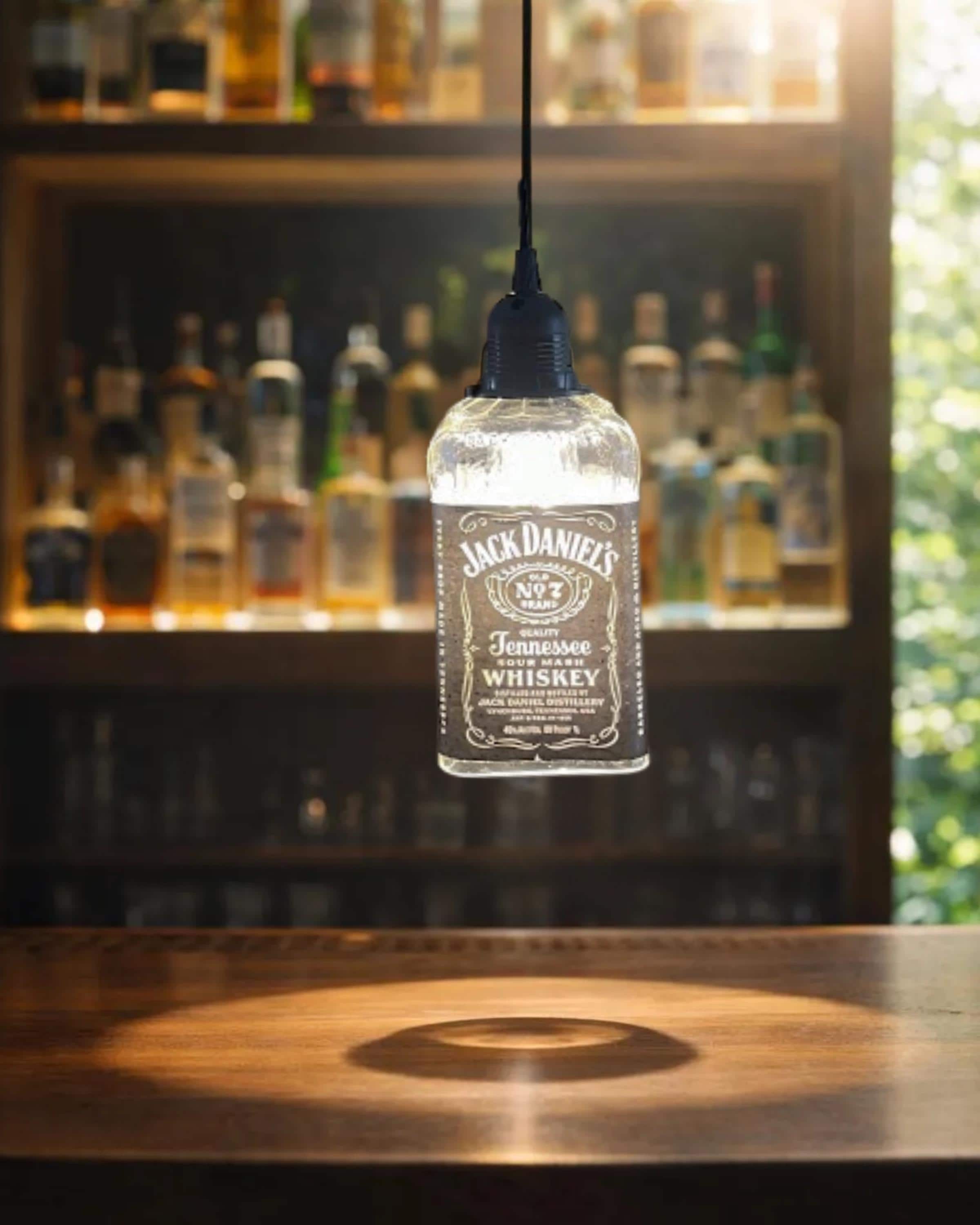 Jack Daniels Whiskey Bottle Pendant Light, Upcycled Bar Lighting