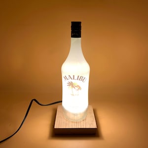 Malibu Coconut Rum Bottle Lamp - Upcycled Bottle - Recycled Red Oak Base - Desk light - Night stand Lamp - Bar Lighting