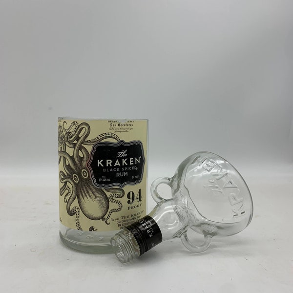 The Kraken Black Spiced Rum Candy Dish, Cut Liquor Bottle, Gift, Vase With Lid, Upcycled, Recycled, Sweet Jar, Caribbean