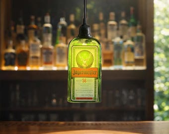 Upcycled Jagermeister Bottle Pendant Light | Hand-Cut Recycled Glass Lamp for Bar, Kitchen