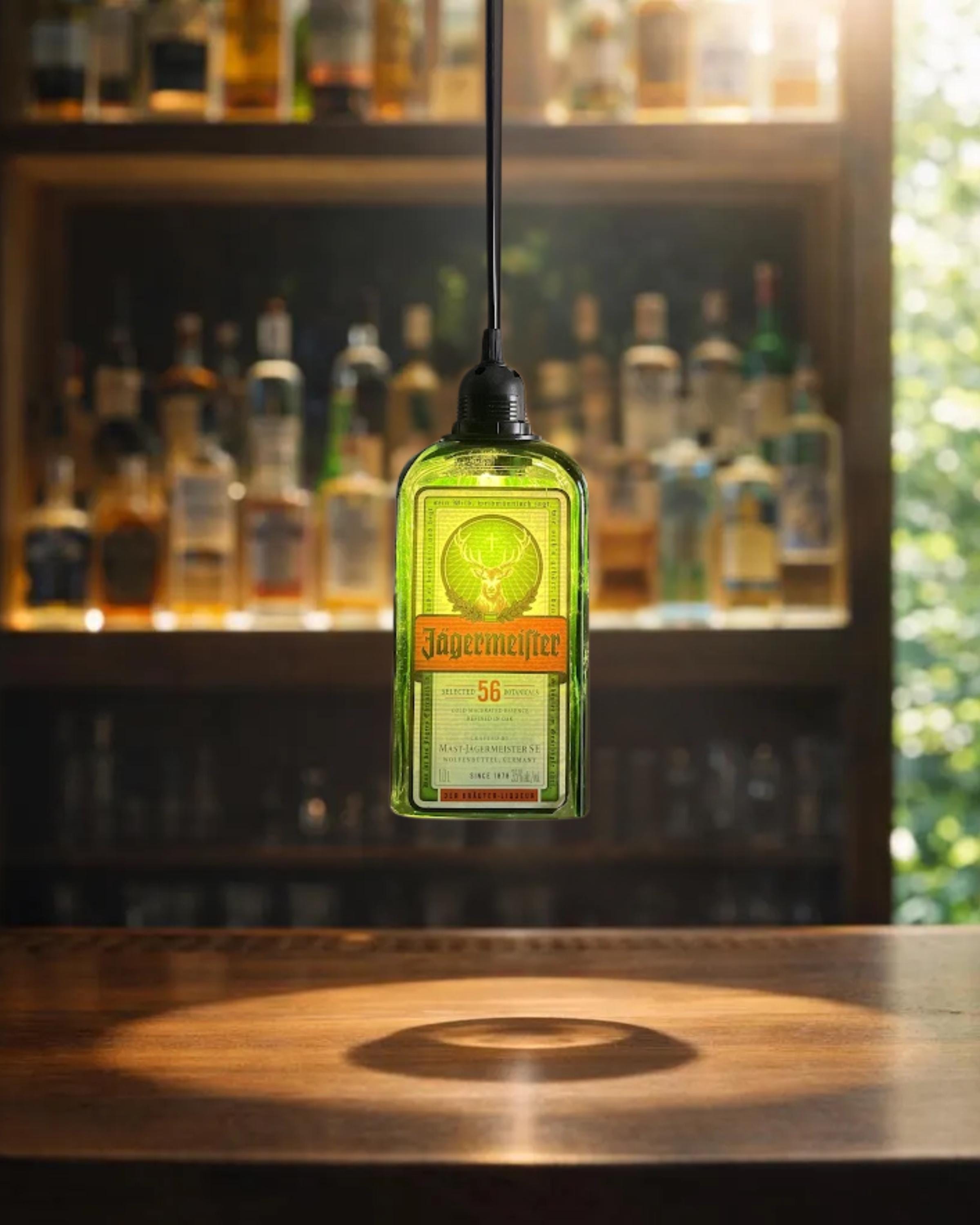 Upcycled Jagermeister Bottle Pendant Light | Hand-cut Recycled