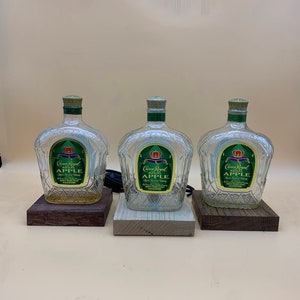 Crown Royal Apple Lamp - Upcycled Bottle - Recycled Red Oak Base - Canadian Whiskey